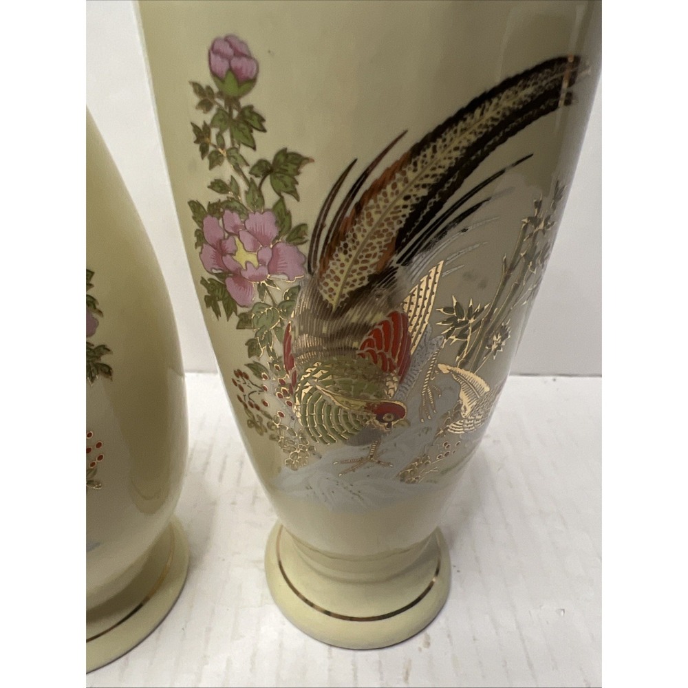 Vintage Pair Of Japan Satsuma Porcelain Vase Cherry Blossom Gold - Picture 3 of 6